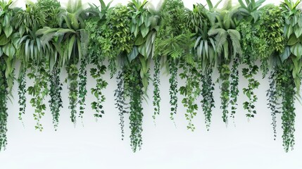 A collection of tropical leaves, including ferns and palm fronds, cascade down against a white backdrop