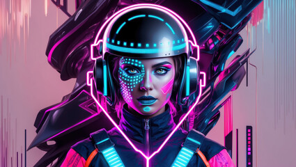 A woman with glowing neon makeup and headphones stands in front of a futuristic backdrop of pink and blue neon lights