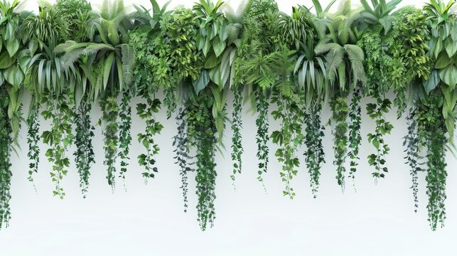 A collection of tropical leaves, including ferns and palm fronds, cascade down against a white backdrop