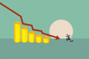 Creative image collage young man run golden coins stacks falling arrow charts inflation economy...