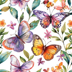 Butterfly botanical summer Seamless pattern with watercolor butterflies