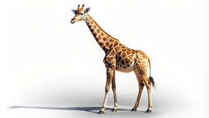 Obraz premium High-resolution image of a majestic giraffe standing alone on a pure white isolated transparent background with subtle shadows.