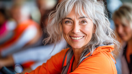 A woman with silver hair and a bright smile stands out in a crowd wearing bright orange clothing