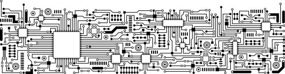 Bannière d'un schéma de circuit imprimé et d'électronique en bas de page avec un fond transparent