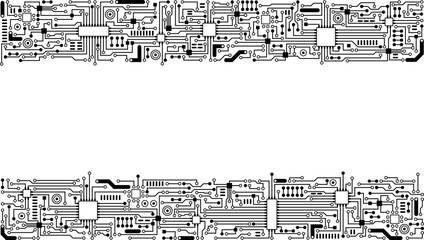 Bannière d'un schéma de circuit imprimé et d'électronique en haut et bas de page avec un fond transparent