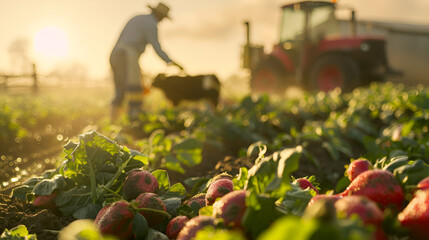 Golden Hour Harvest: Farmer and Fresh Strawberries at Sunset