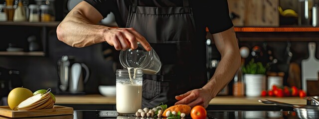 male athlete pours protein powder into a bottle to replace a meal after a workout.