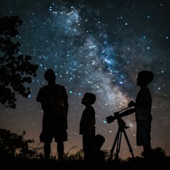 Fototapeta premium Family stargazing with telescopes, clear night sky, cosmic wonder