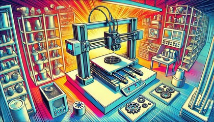 Vibrant, futuristic lab with 3D printer technology showcasing advanced manufacturing, glowing colors, and shelves filled with tools and materials