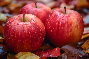 Fresh Dew-Kissed Red Apples on Autumn Leaves - Seasonal Harvest Design for Posters and Prints