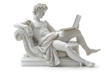 Fototapeta premium Classic white ancient gypsum statue of man using a laptop isolated on white background