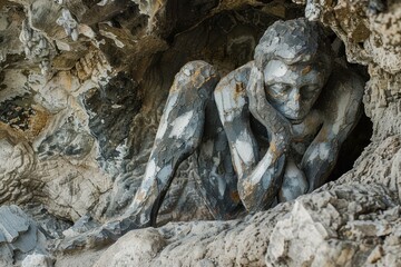 Obraz premium Stone statue sitting alone in a cave, contemplating life with a melancholic expression