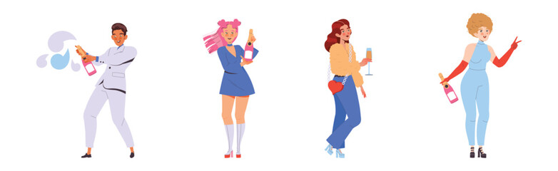 People Characters Celebrating New Year Holiday with Champagne Vector Illustration Set