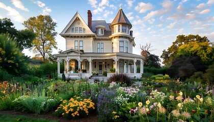 Elegant suburban Queen Anne-style home in cream, garden with flowers, early morning light,