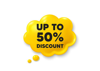 Up to 50 percent discount. Comic speech bubble 3d icon. Sale offer price sign. Special offer symbol. Save 50 percentages. Discount tag chat offer. Speech bubble comic banner. Discount balloon. Vector