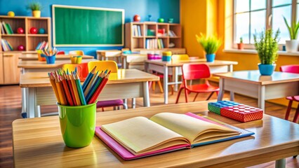 A colorful classroom with a wooden desk, freshly sharpened pencils, and an open textbook surrounded by vibrant school supplies.