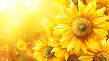 Obraz premium Close-up of bright yellow sunflowers blooming in a field on a sunny summer day