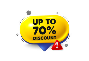 Offer speech bubble 3d icon. Up to 70 percent discount. Sale offer price sign. Special offer symbol. Save 70 percentages. Discount tag chat offer. Speech bubble danger alert banner. Vector