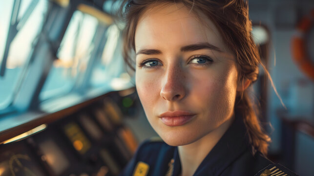 Une jeune femme capitaine en uniforme regardant attentivement depuis la cabine de pilotage avec des instruments de navigation en arri&egrave;re-plan.