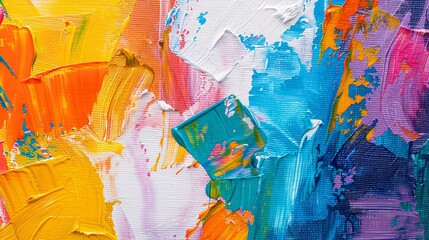 Fototapeta premium A close-up of an abstract painting featuring vibrant colors, thick brushstrokes, and a textured surface