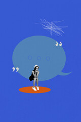 Vertical collage picture young upset bored depressed girl textbox message communication phrase...