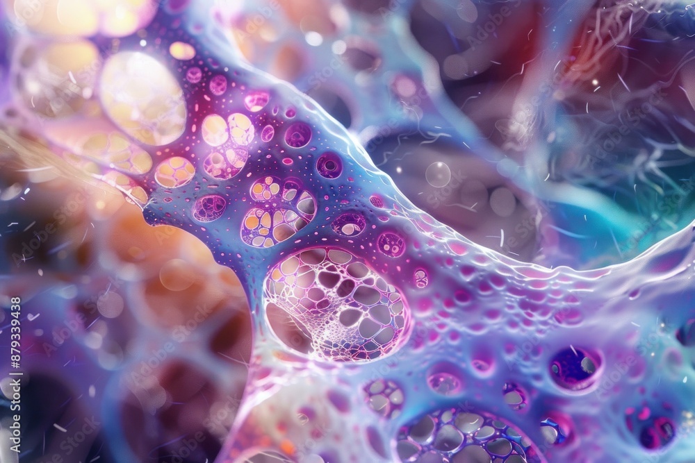 Poster microscopic image of an organic form with many holes forming an intricate pattern