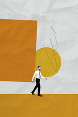 Vertical collage image young walking man entrepreneur reach goal aim target dream accomplishment...