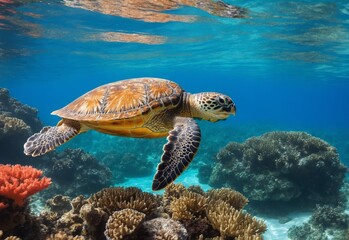 Obraz premium A joyful sea turtle swimming in crystal clear waters, surrounded by vibrant coral reefs