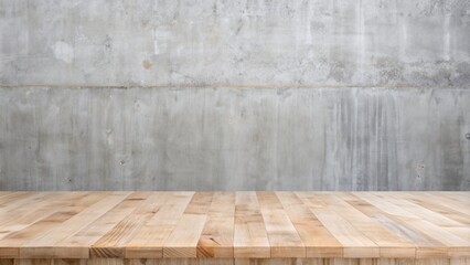 Wooden table top against a gray wall. A minimalist setting with natural textures and neutral tones