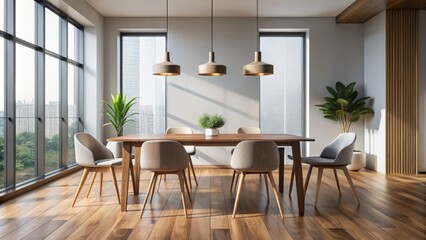 Contemporary empty room with sleek wooden floor, minimalist decor, and elegantly set table with four chairs, perfect for mockups.