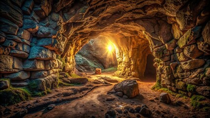 Mysterious lonely cave with rough stone walls dimly lit by a faint glow emanating from a distant unseen source.