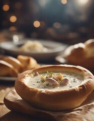 rich new england clam chowder served in a freshly baked bread bowl, ad shot, copy space for text
