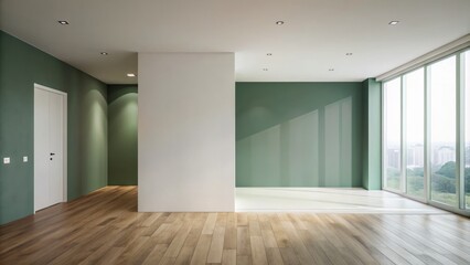 Bare minimalist space features dual-colored walls, stark white on one side and muted green on the other, devoid of any furnishings.