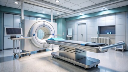 Modern medical imaging device with rotating gantry and sliding examination table in a sterile hospital radiology room setting.