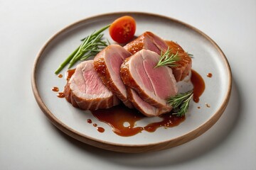 a top-down shot of a plate featuring raw pork tenderloin, placed elegantly with a touch of garnish