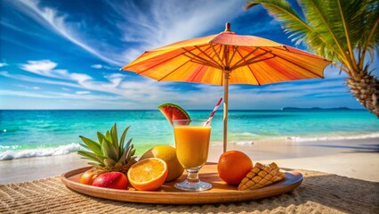 Vibrant orange umbrella shades a refreshing tropical drink and colorful fruit platter on a serene, sun-kissed sandy beach paradise.