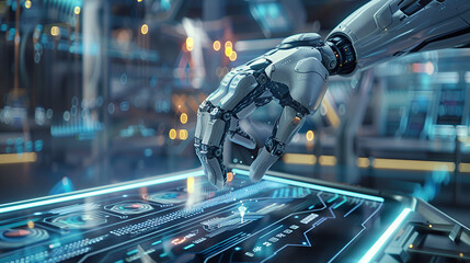 Advanced Robotic Hand Operating Futuristic Digital Interface