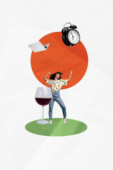 Vertical photo collage of happy american girl dance day off throw work supplies alarm macbook wine...