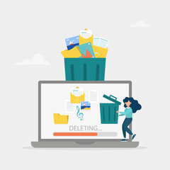 Delete concept. The character deletes data on the laptop and moves unnecessary files to the trash. Cleaning digital memory. Vector illustration.	