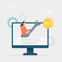 Technical support concept. People advise clients and solve technical problems. Online customer service. Vector illustration.	
