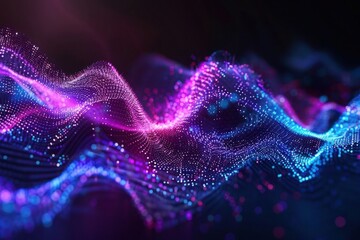 A futuristic abstract composition featuring vibrant purple and blue particles that pulse and oscillate like sound waves, set against a sleek, dark background,