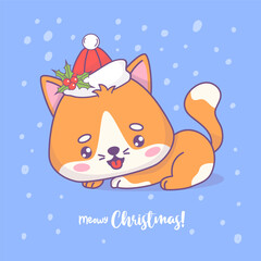 Cute Christmas cat in Santa hat. Cartoon kawaii animal character. Festive cool New Year card. Vector illustration. Kids collection.