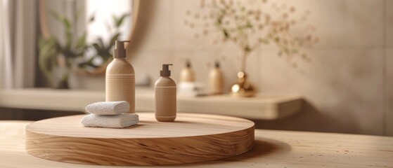 Wooden podium for bathing and spa products in defocused bathroom, Round wooden podium for product display on blurred bathroom background.