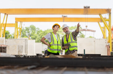 Engineer and foreman in hardhats discussing on construction site, Engineer and worker team with tablet checking project at the precast concrete factory site