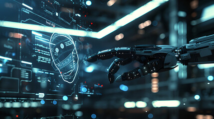 Futuristic Robotic Hand Interacting with AI Interface