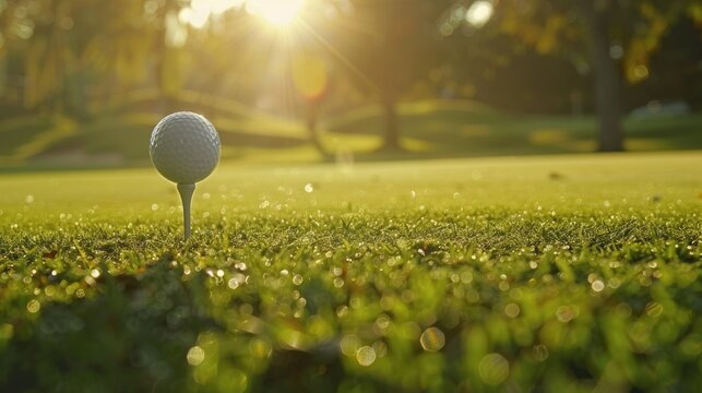 Macro image of golf ball on tee in beautiful golf course with morning sunlight. Ready to play golf on the first short