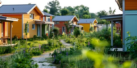 Cozy Community with Collective Gardens and Communal Areas in Tiny Houses. Concept Community Gardening, Tiny House Living, Shared Spaces, Cozy Retreats, Sustainable Living
