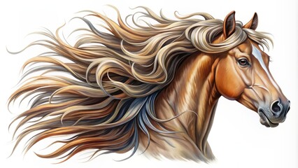 Detailed illustration of majestic horse head with flowing mane and gentle expression set against a clean white background.