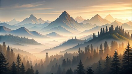 Obraz premium Serene neutral-toned mountain landscape with subtle mist, gentle slopes, and soft peaks, ideal for graphic design backgrounds.