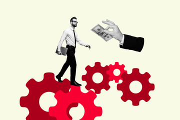 Composite photo collage of serious man freelance worker carry laptop bonus bribe cash payment hand offer isolated on painted background